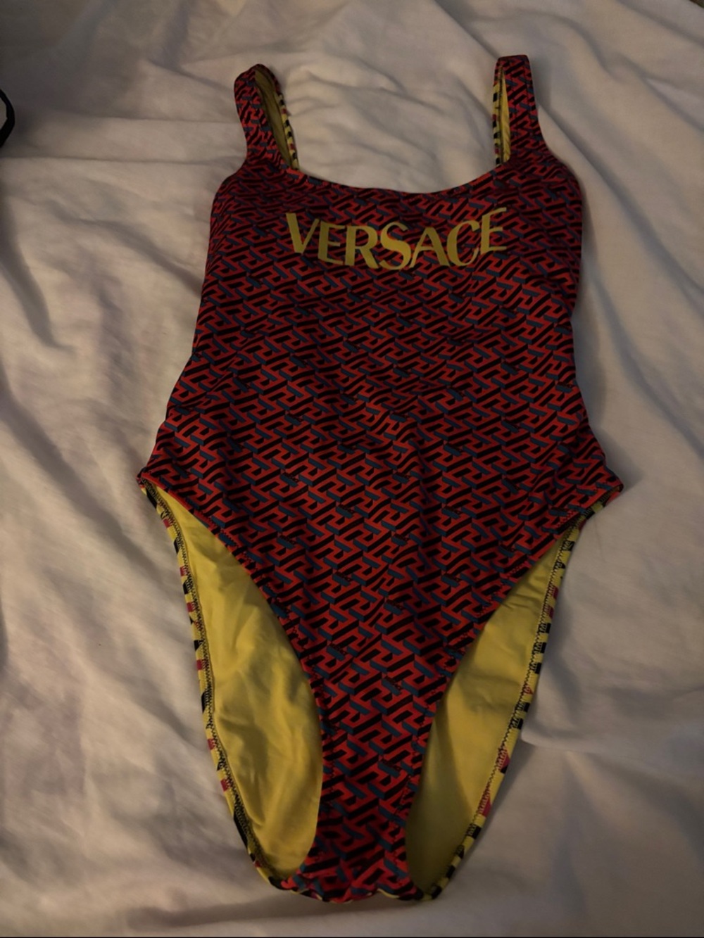 Versace Red Patterned One-Piece with Yellow Trim